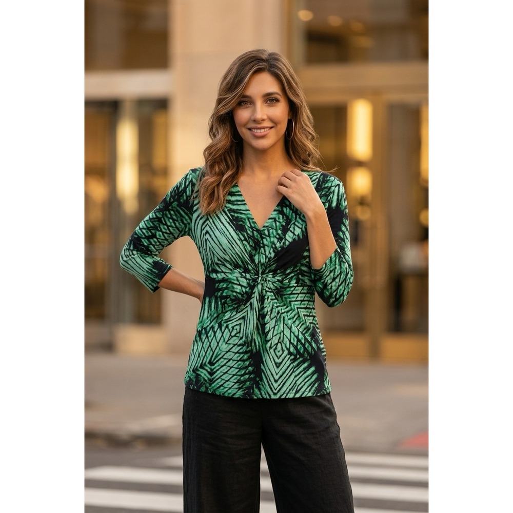 Daisy Fuentes Petites Green Black Abstract Twist Front V-Neck 3/4 Sleeve Top PL